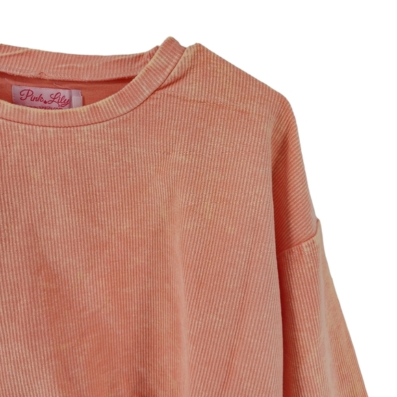 Pink Lily Women's Stellar Weekend Salmon Acid Wash Cropped Cord Sweatshirt - M - Picture 3 of 6